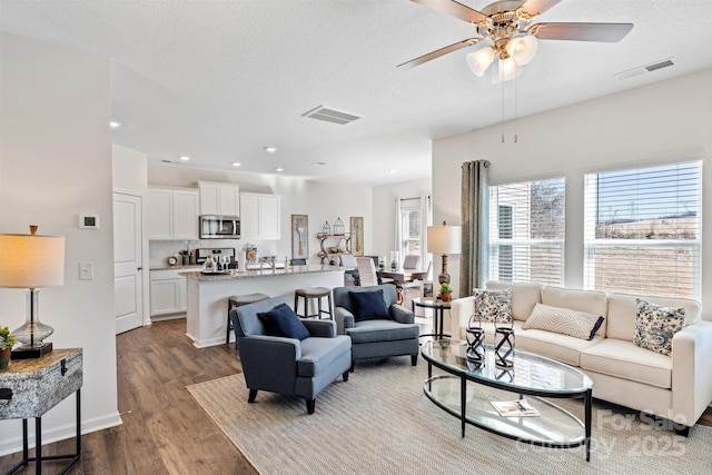 living room with ceiling fan, wood-type flooring, and a textured ceiling