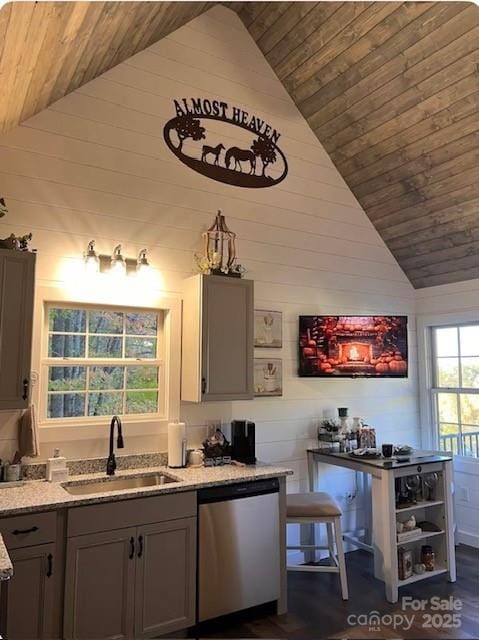 kitchen featuring gray cabinetry, high vaulted ceiling, dishwasher, light stone countertops, and sink