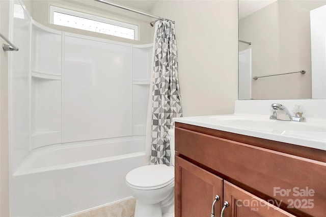 full bathroom with vanity, toilet, and shower / bathtub combination with curtain