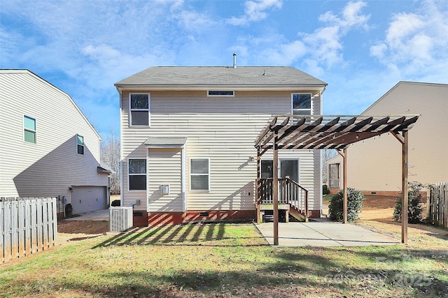 rear view of house featuring a lawn, a pergola, and central air condition unit