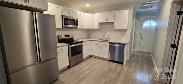 kitchen with light stone counters, sink, white cabinetry, and stainless steel appliances