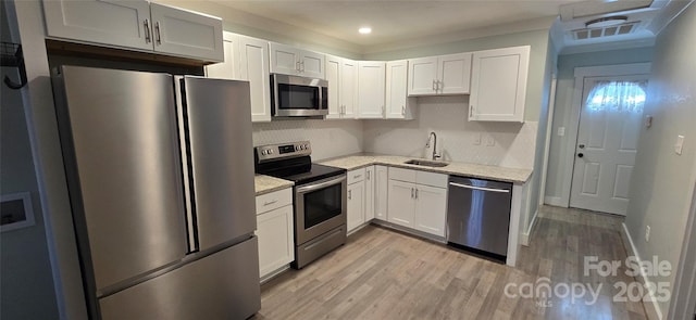 kitchen with sink, light stone counters, light hardwood / wood-style floors, white cabinets, and appliances with stainless steel finishes