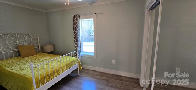 bedroom featuring multiple windows, crown molding, and dark hardwood / wood-style floors