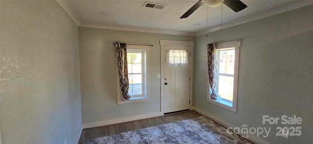 entryway with a wealth of natural light, crown molding, ceiling fan, and hardwood / wood-style flooring