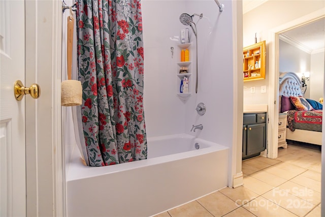 bathroom featuring tile patterned floors, vanity, shower / bath combo, and ornamental molding