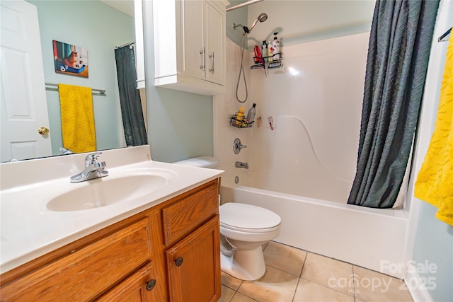 full bathroom with toilet, vanity, tile patterned floors, and shower / bath combo with shower curtain