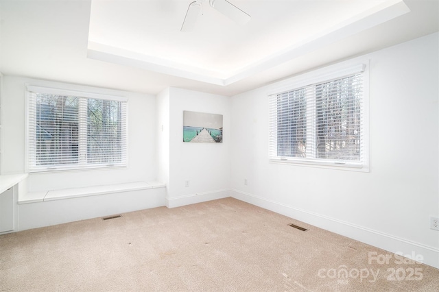 unfurnished room with ceiling fan, a raised ceiling, and light carpet