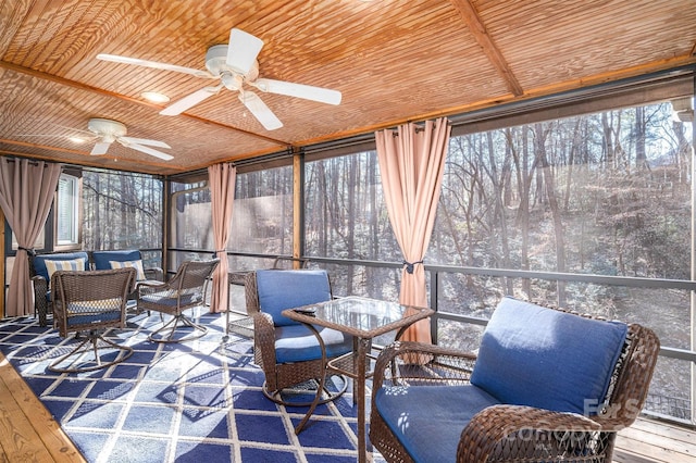 sunroom with ceiling fan and wood ceiling