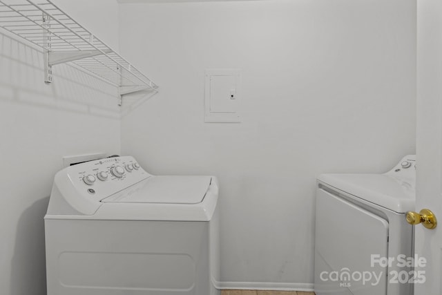 laundry area featuring electric panel and washing machine and clothes dryer