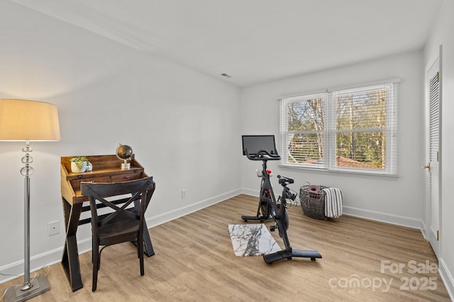 exercise room featuring light hardwood / wood-style floors