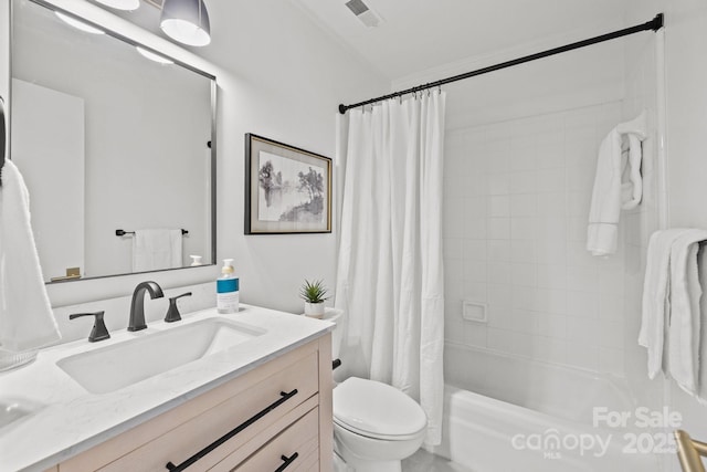 full bathroom featuring vanity, toilet, and shower / bathtub combination with curtain