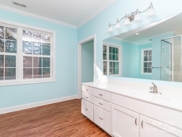 bathroom with vanity, hardwood / wood-style flooring, and crown molding