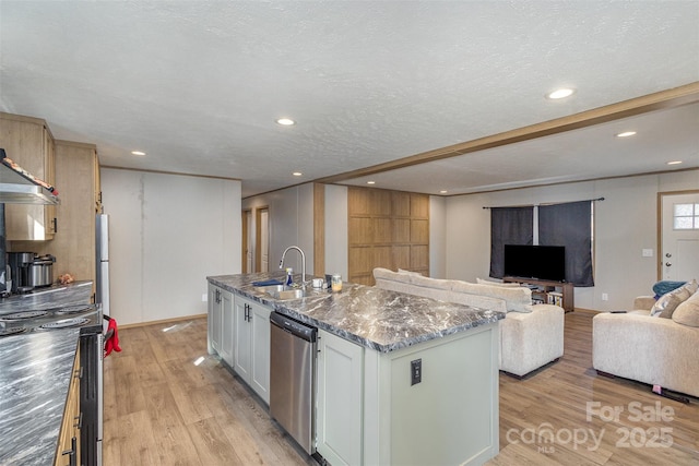 kitchen with dishwasher, sink, white cabinetry, a kitchen island with sink, and a textured ceiling