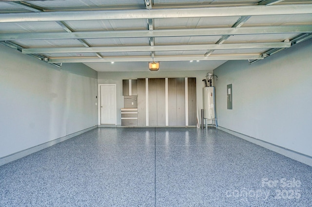 garage featuring electric panel, a garage door opener, and water heater