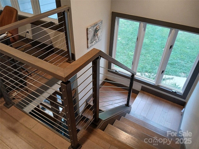 stairway featuring hardwood / wood-style flooring and a healthy amount of sunlight