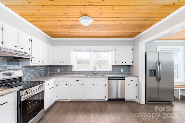 kitchen featuring stainless steel appliances, white cabinets, and wood ceiling