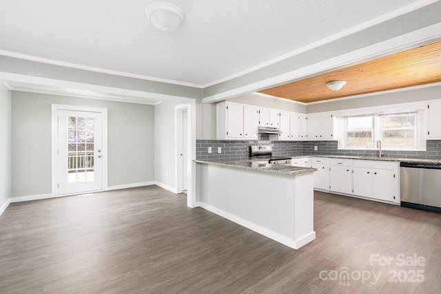 kitchen featuring sink, white cabinets, dark hardwood / wood-style flooring, kitchen peninsula, and stainless steel appliances