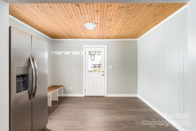 mudroom featuring wood-type flooring, ornamental molding, and wooden ceiling