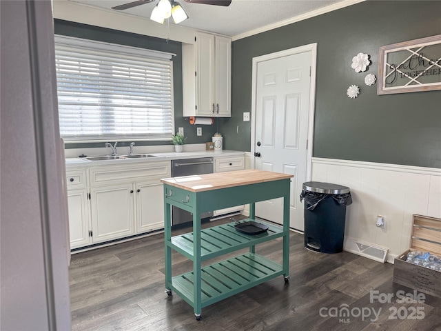 kitchen featuring ceiling fan, dark hardwood / wood-style floors, sink, ornamental molding, and white cabinets