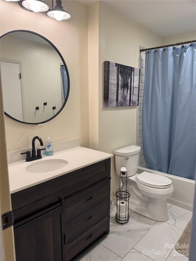 full bathroom with toilet, shower / tub combo, and vanity