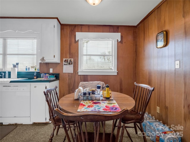 carpeted dining area with wood walls and a wealth of natural light