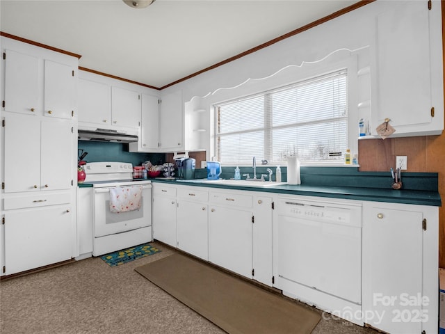 kitchen with white cabinetry, sink, and white appliances