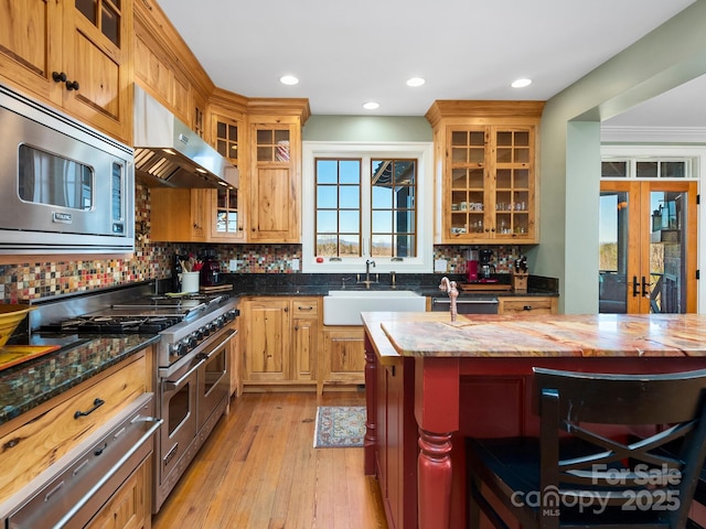 kitchen with light wood-type flooring, a kitchen island with sink, appliances with stainless steel finishes, ventilation hood, and sink