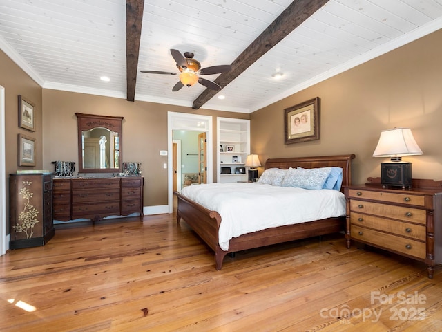 bedroom with beamed ceiling, ceiling fan, light hardwood / wood-style floors, and wood ceiling