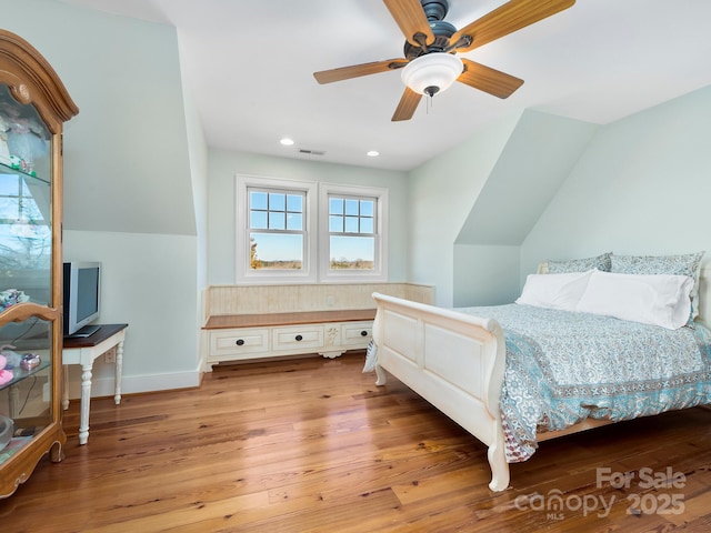 bedroom with light wood-type flooring and ceiling fan