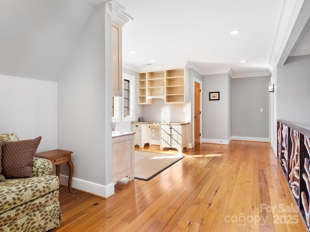 interior space featuring light hardwood / wood-style floors and crown molding