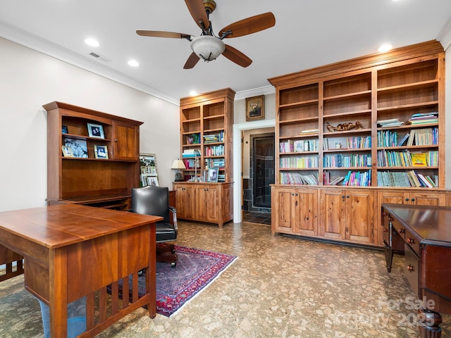 home office featuring ceiling fan and ornamental molding