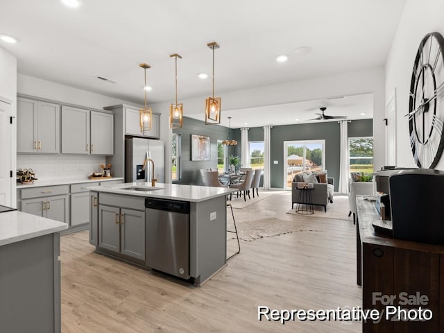 kitchen featuring pendant lighting, ceiling fan, gray cabinetry, and appliances with stainless steel finishes