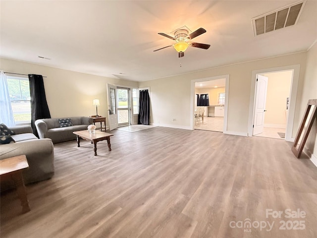 3465 Peniel Rd, Tryon, NC 28782 - living room featuring light wood-style flooring, healthy amount of natural light, a ceiling fan, and baseboards