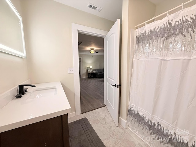 3465 Peniel Rd, Tryon, NC 28782 - bathroom featuring vanity, a ceiling fan, and a shower with curtain