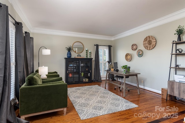 living room featuring wood-type flooring and ornamental molding