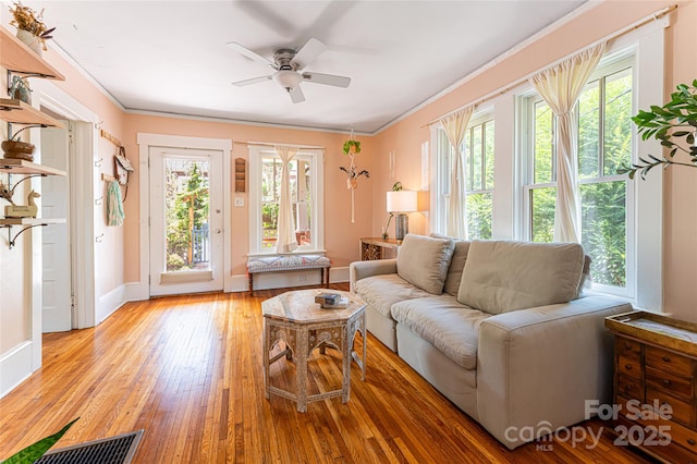 living room with ceiling fan, a healthy amount of sunlight, ornamental molding, and light hardwood / wood-style flooring