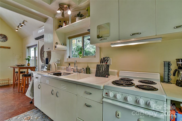 kitchen featuring vaulted ceiling, an AC wall unit, white range with electric cooktop, and sink