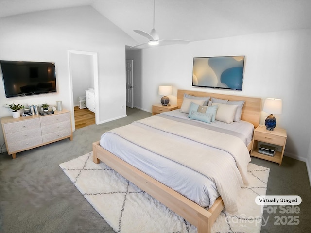 bedroom with ceiling fan, ensuite bathroom, lofted ceiling, and carpet floors