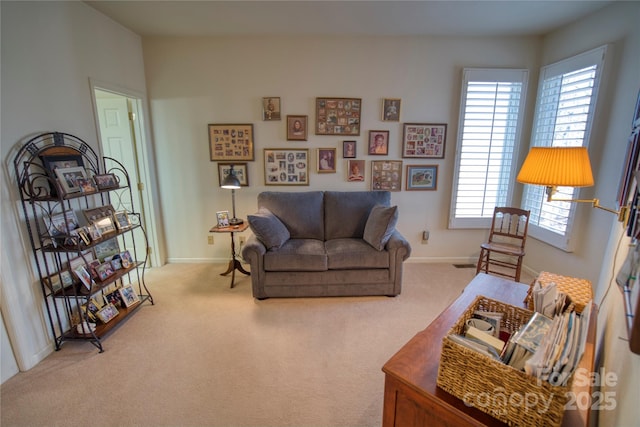 living room featuring light colored carpet