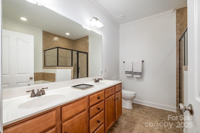 full bathroom with toilet, crown molding, shower with separate bathtub, and vanity