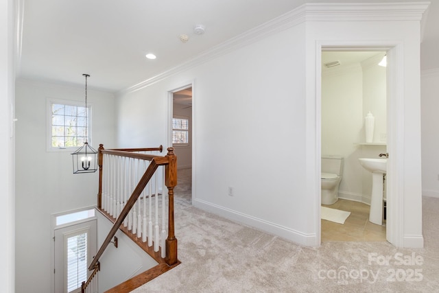 hallway featuring sink, crown molding, light colored carpet, and a notable chandelier