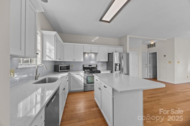 kitchen with a center island, tasteful backsplash, sink, white cabinets, and stainless steel appliances