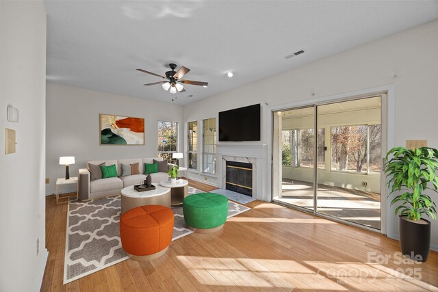 living room with a fireplace, a healthy amount of sunlight, and hardwood / wood-style flooring