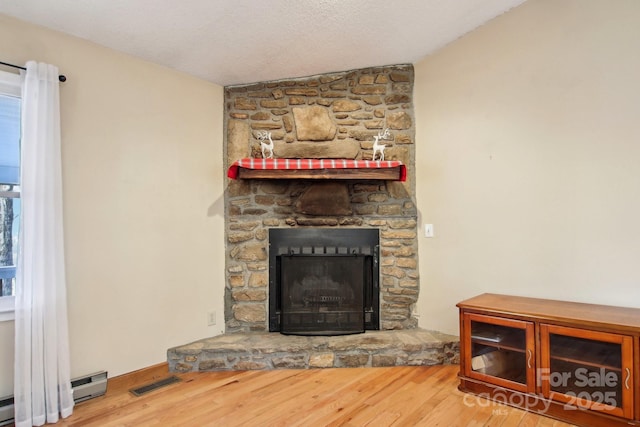 interior details featuring wood-type flooring, a baseboard radiator, and a stone fireplace