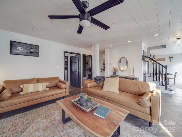 living area with stairs, recessed lighting, decorative columns, and a ceiling fan