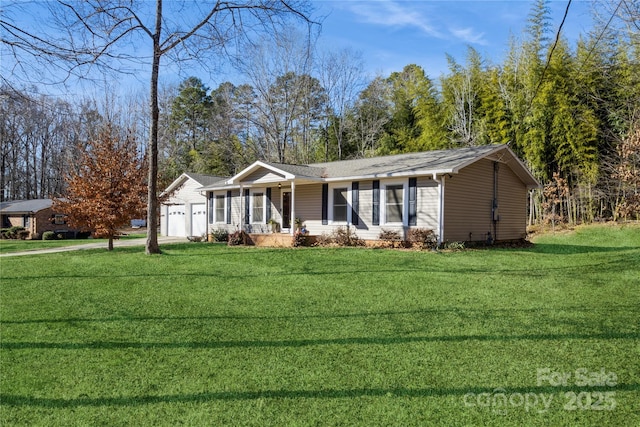 ranch-style home with a front yard, covered porch, and a garage