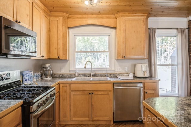 kitchen featuring light brown cabinetry, appliances with stainless steel finishes, wood ceiling, and sink