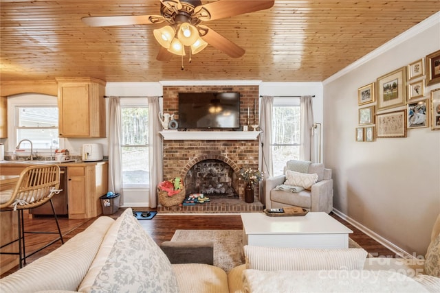 living room with wood ceiling, wood-type flooring, sink, ornamental molding, and a brick fireplace