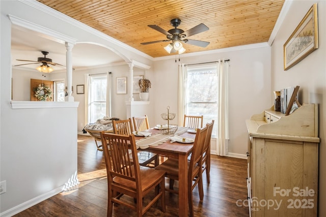 dining room with decorative columns, ceiling fan, dark hardwood / wood-style floors, and wood ceiling