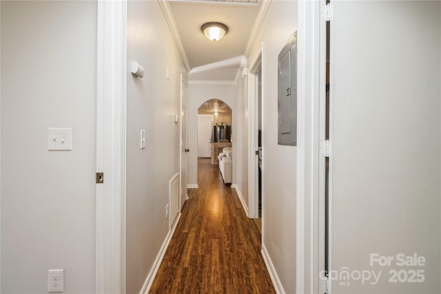 hallway with dark hardwood / wood-style flooring, ornamental molding, and electric panel